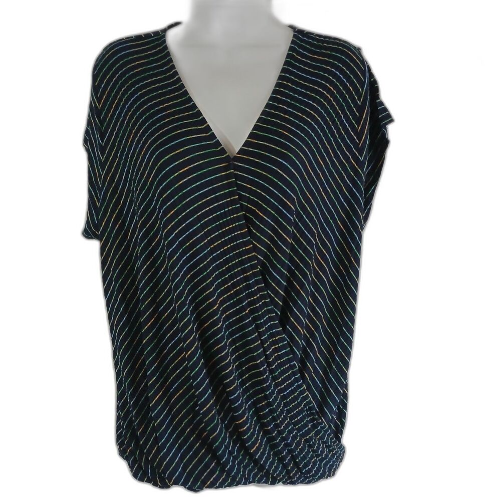 CJ Banks Top Blue  Stripe Faux Wrap Short Sleeve Stretch Sz 14 NWT Casual Travel